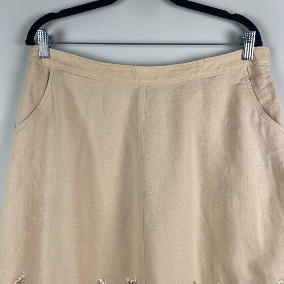 J. Jill Floral Embroidered Linen Skirt Pockets Lined Boho Beige Tan Size 14P - Picture 2 of 11